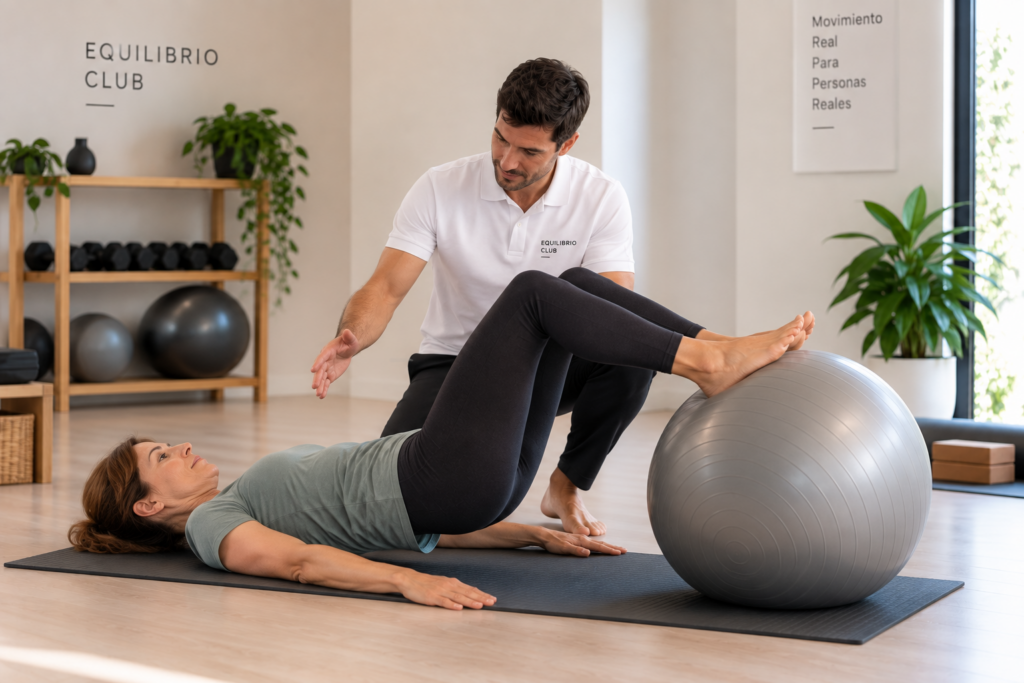 Mujer realizando un ejercicio con fitball acompañada por un entrenador personal en Alicante
