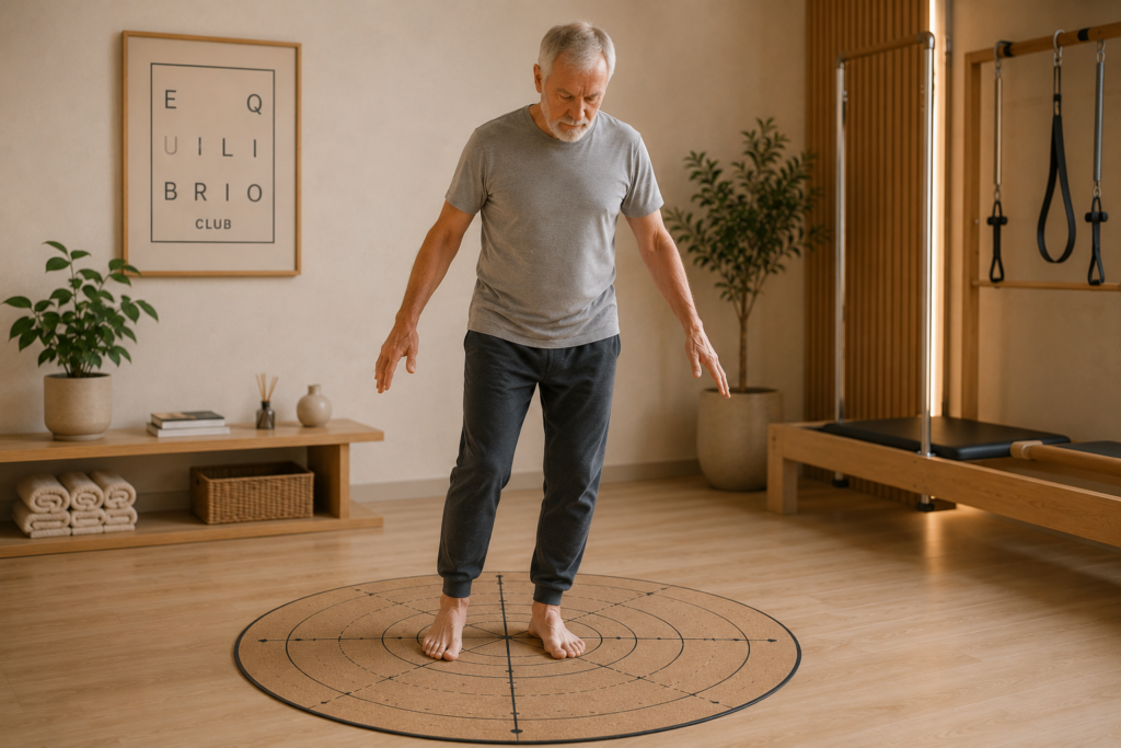 Hombre mayor descalzo realizando un ejercicio de equilibrio sobre un tapiz de orientación para mejorar la estabilidad y reducir el balanceo al estar de pie.
