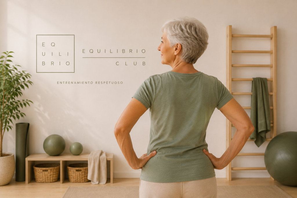 Mujer mayor en estudio de entrenamiento respetuoso observando un cuadro de Equilibrio Club mientras mantiene una postura activa y segura.