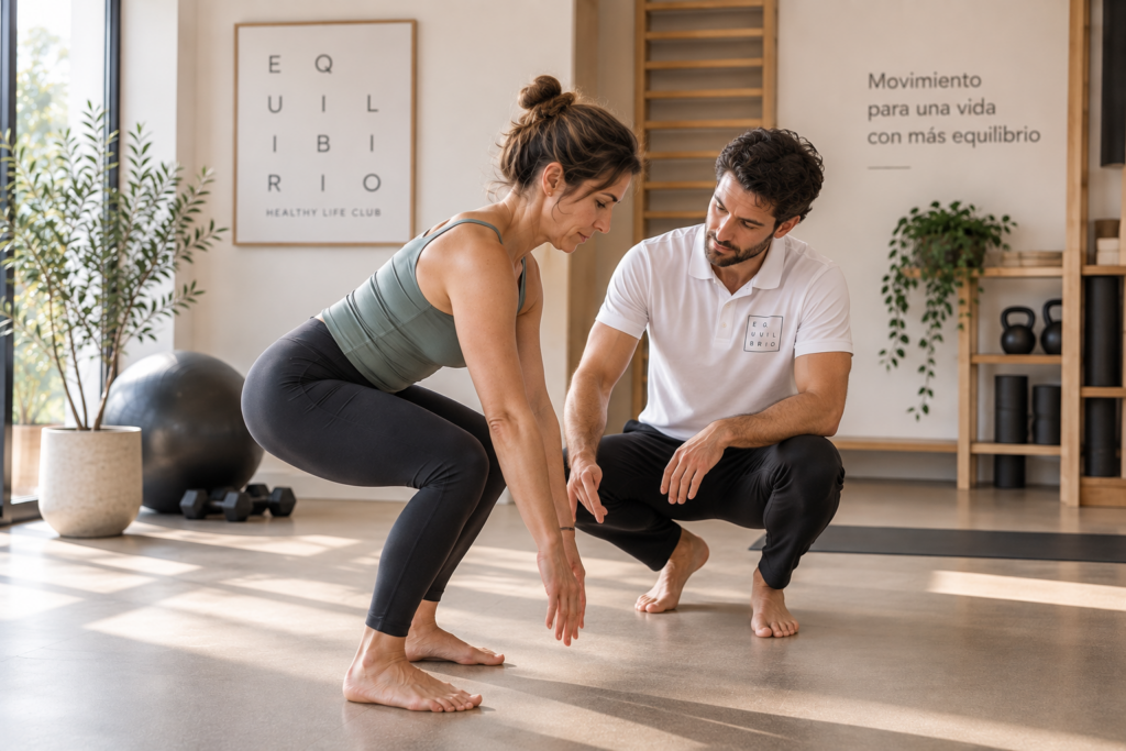 Mujer realizando un ejercicio de fuerza acompañada por un entrenador en Equilibrio Club Alicante