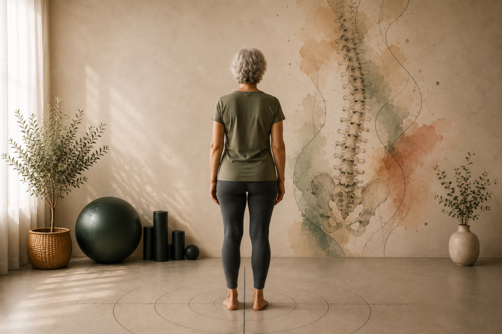 Mujer mayor de pie sobre un tapiz de orientación postural en un estudio de entrenamiento respetuoso, frente a una ilustración artística de la columna vertebral que simboliza la relación entre pies, equilibrio y espalda.