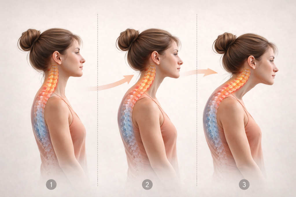 Caída tridimensional de la cabeza y desalineación cervical por cambios posturales en Alicante