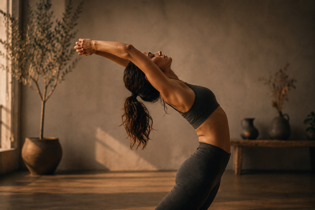 Mujer realizando una extensión de espalda en un entorno cálido y cinematográfico mientras el cuerpo se organiza de forma global para reducir la sobrecarga lumbar.