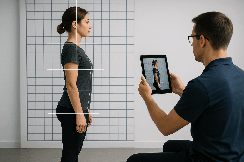 Mujer de pie frente a una cuadrícula mientras un readaptador postural evalúa su postura con una tablet, mostrando líneas de alineación corporal en un contexto clínico.