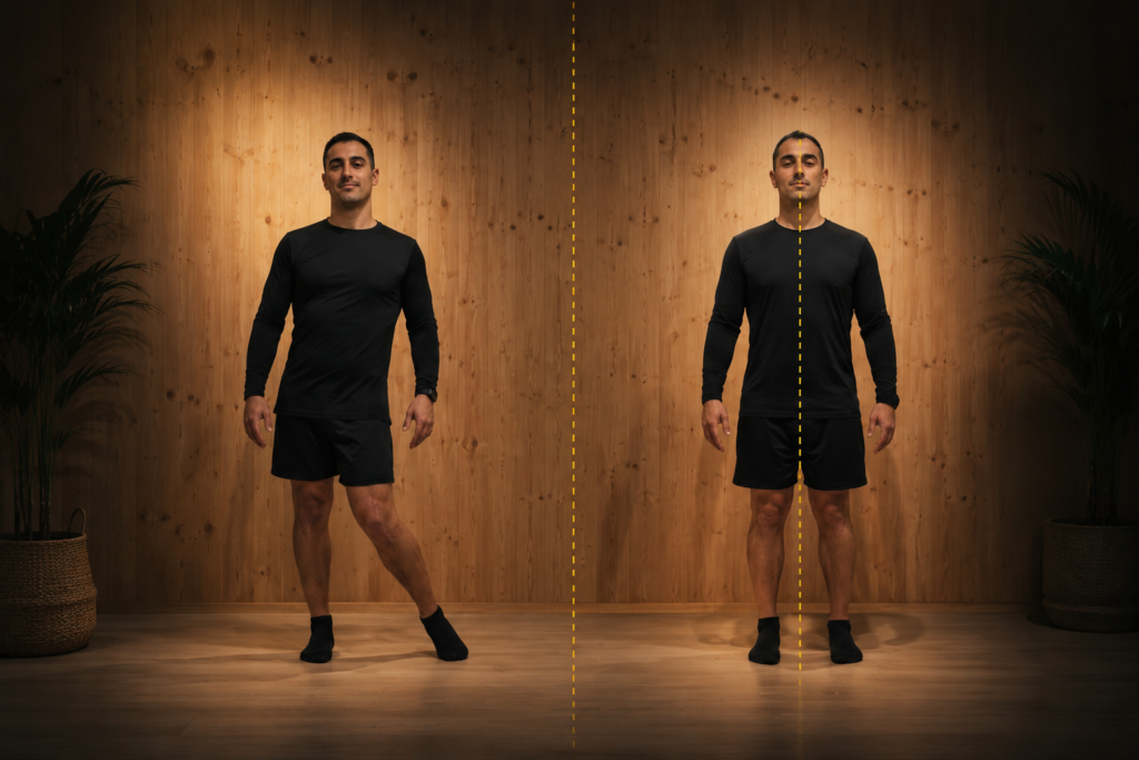 Comparación postural de un hombre mostrando frontalidad y centralidad corporal en un estudio de entrenamiento con iluminación cinematográfica cálida.