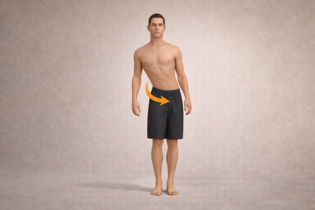 Hombre de pie con cabeza alineada y cuerpo en torsión progresiva desde la columna hasta los pies representando la caída en tres dimensiones y la frontalidad