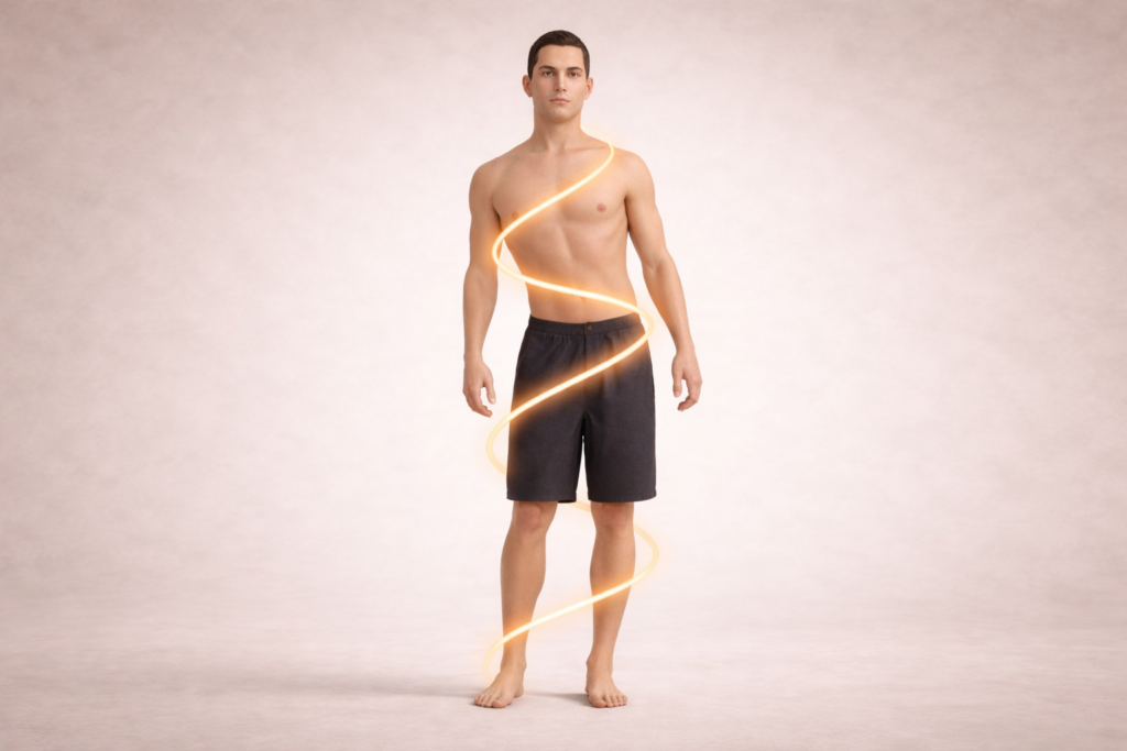 Hombre de pie con ligera desorganización corporal y espiral postural que muestra la pérdida de centralidad y su relación con el dolor lumbar