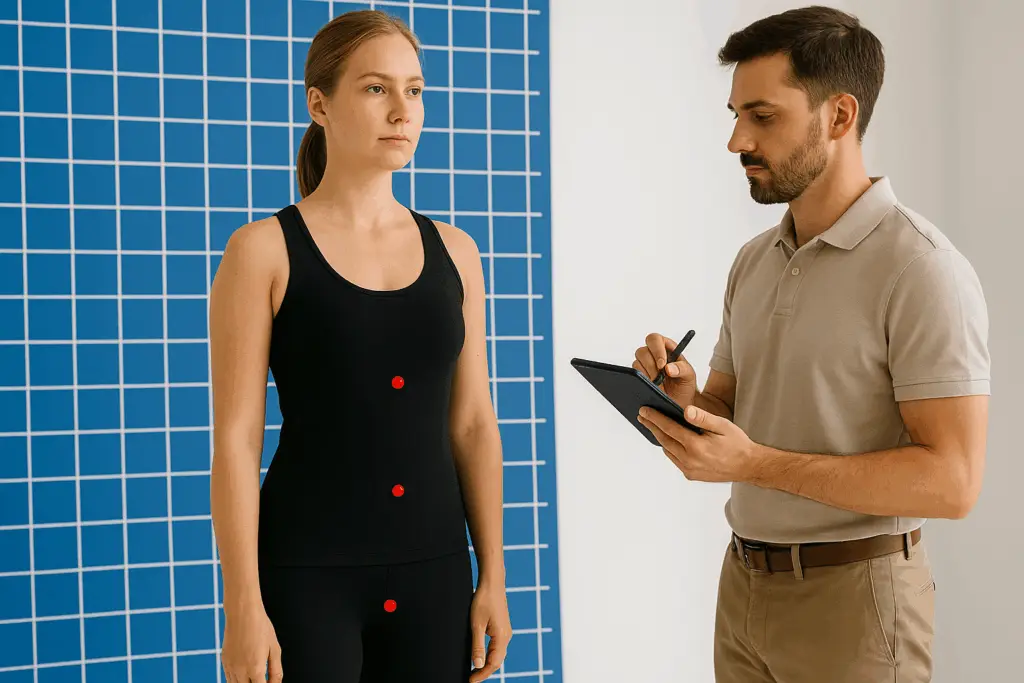 Análisis postural frontal con marcadores y profesional registrando datos en tablet en Equilibrio Club Alicante