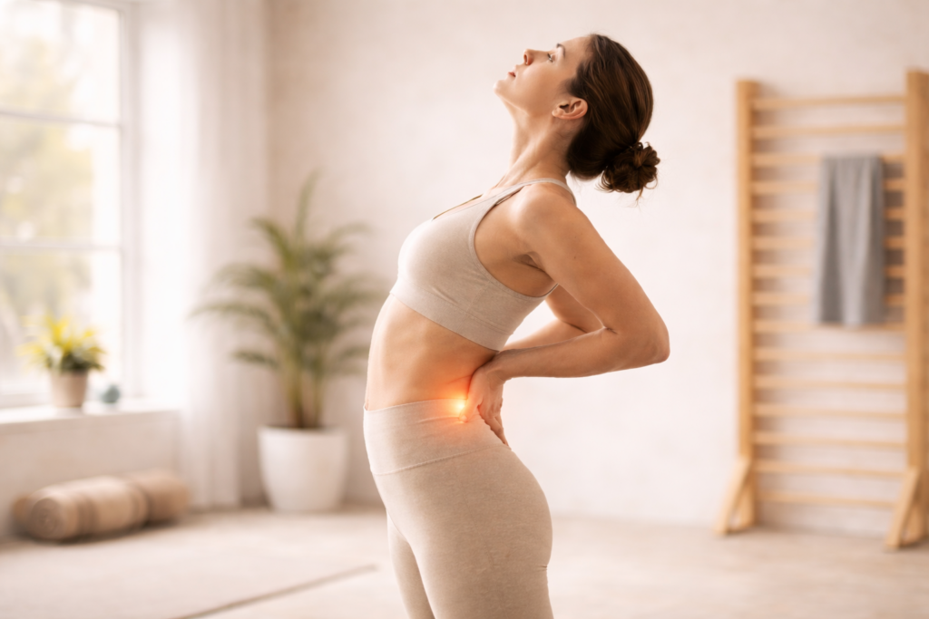 Mujer arqueando la espalda con ligera sobrecarga en la zona lumbar en un estudio de entrenamiento en Alicante