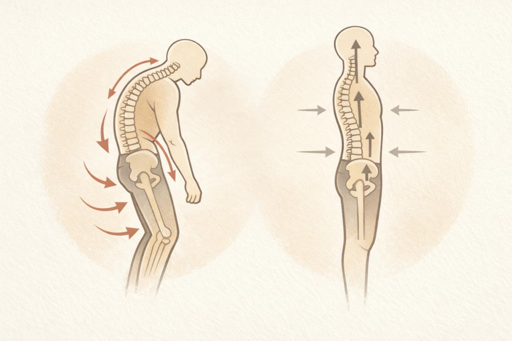 Comparación entre pérdida de centralidad corporal y organización centrada de la columna, mostrando cómo la alineación entre pelvis, columna y tórax mejora la distribución de fuerzas y el movimiento.