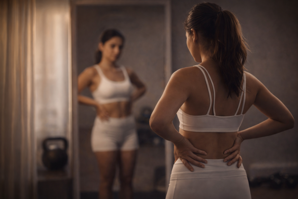 Mujer observando su postura frente al espejo en sala de entrenamiento para detectar desajustes corporales
