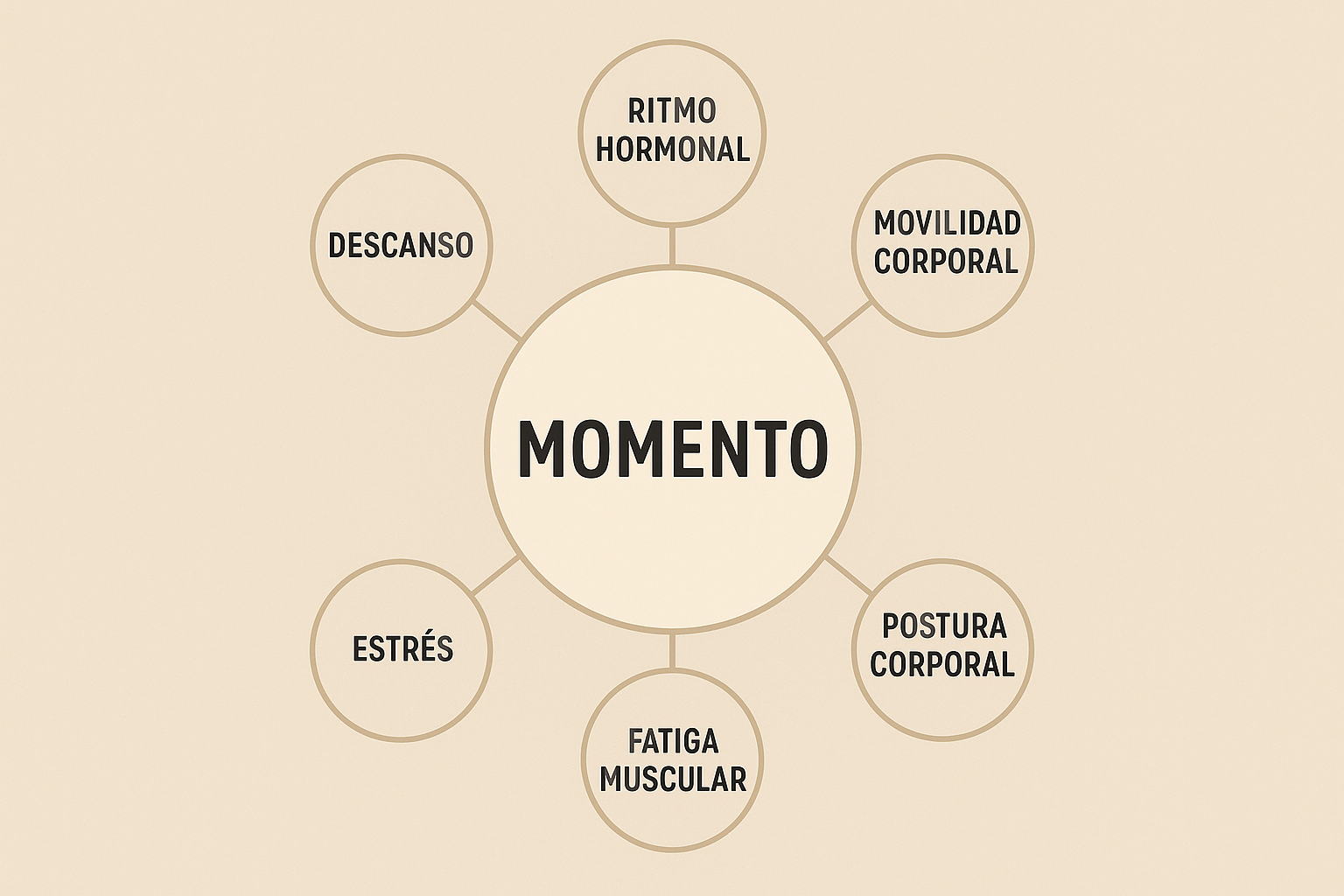 Infografía del concepto MOMENTO en entrenamiento respetuoso, con factores como descanso, ritmo hormonal, lucidez mental, postura corporal, movilidad, foco y fatiga muscular.