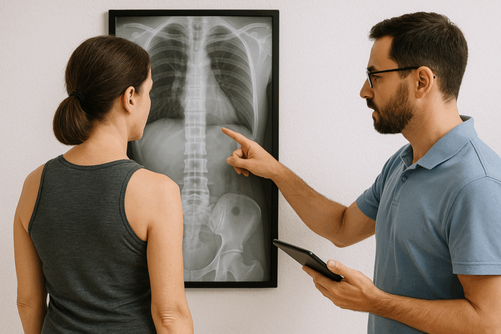Profesional revisando una imagen de la columna vertebral en pantalla como parte de una valoración postural en Equilibrio Club Alicante.