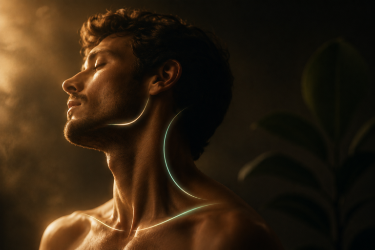 Hombre de perfil con iluminación cinematográfica y líneas suaves resaltando mandíbula y cuello, representando la relación entre tensión mandibular y cervical.
