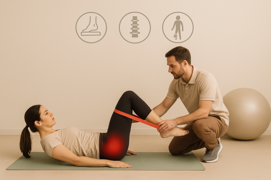 Ejercicio activo para ciática en Alicante con banda elástica y supervisión profesional en Equilibrio Club.