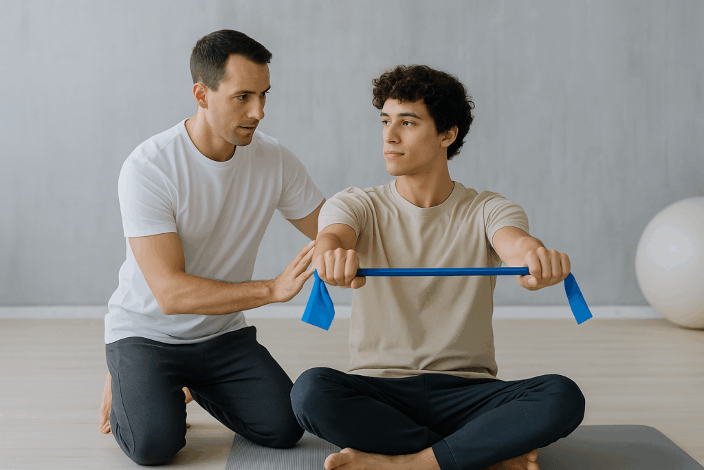 Reeducador postural valorando la movilidad de la columna en rotación desde posición sentada en sesión de valoración en Equilibrio Club Alicante