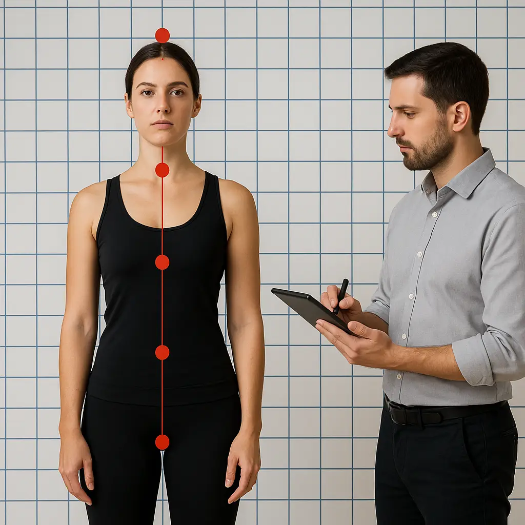 Profesional analizando alineación postural con tablet y marcadores en mujer durante valoración en Equilibrio Club Alicante