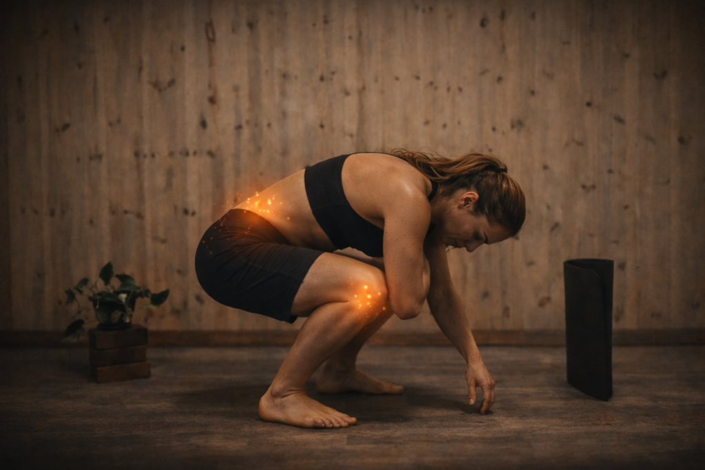 sentadilla respetuosa con flexión de columna para reducir fricción en rodilla y zona lumbar