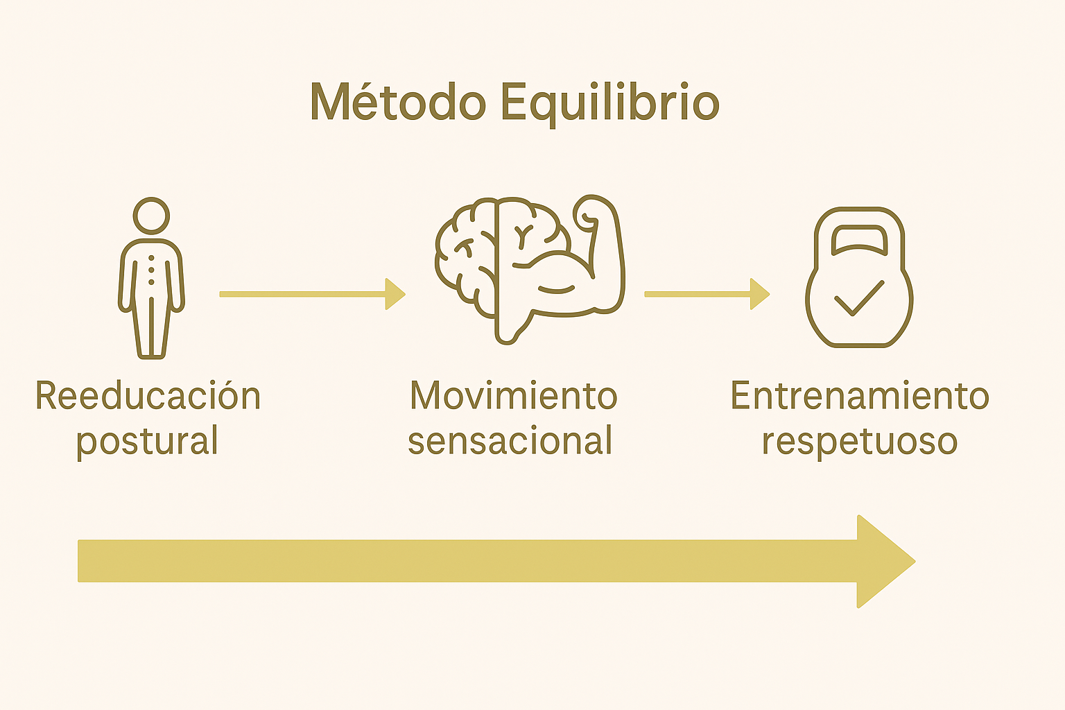 Infografía horizontal del Método Equilibrio mostrando el continuo entre reeducación postural, movimiento sensacional y entrenamiento respetuoso
