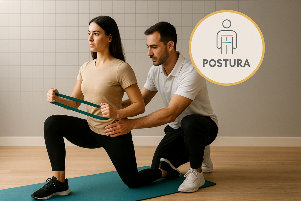 Persona realizando ejercicio respetuoso con banda elástica junto a un entrenador, con análisis postural destacado en un círculo — Equilibrio Club Alicante
