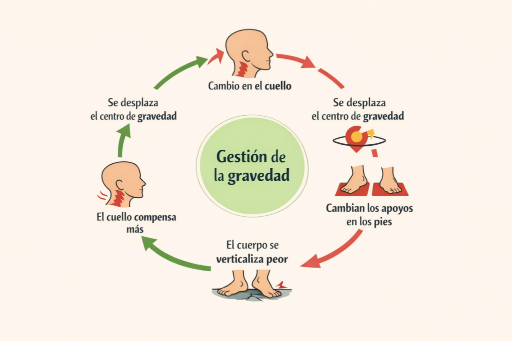 Infograma sobre la relación entre dolor de cuello en Alicante y cambios en los apoyos de los pies a través del centro de gravedad
