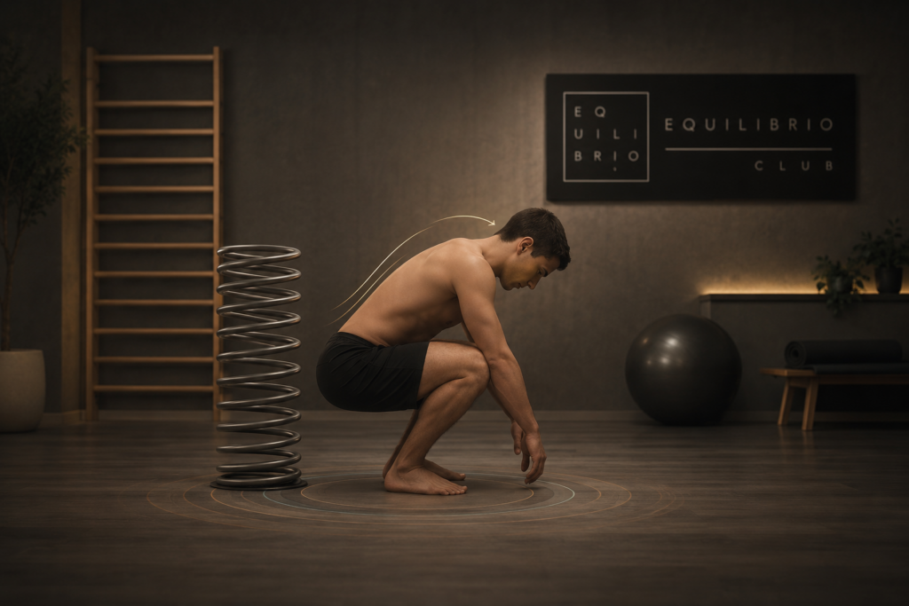Hombre realizando una sentadilla respetuosa descalzo en un estudio de entrenamiento con líneas de acción y enfoque cinematográfico del Método Equilibrio.