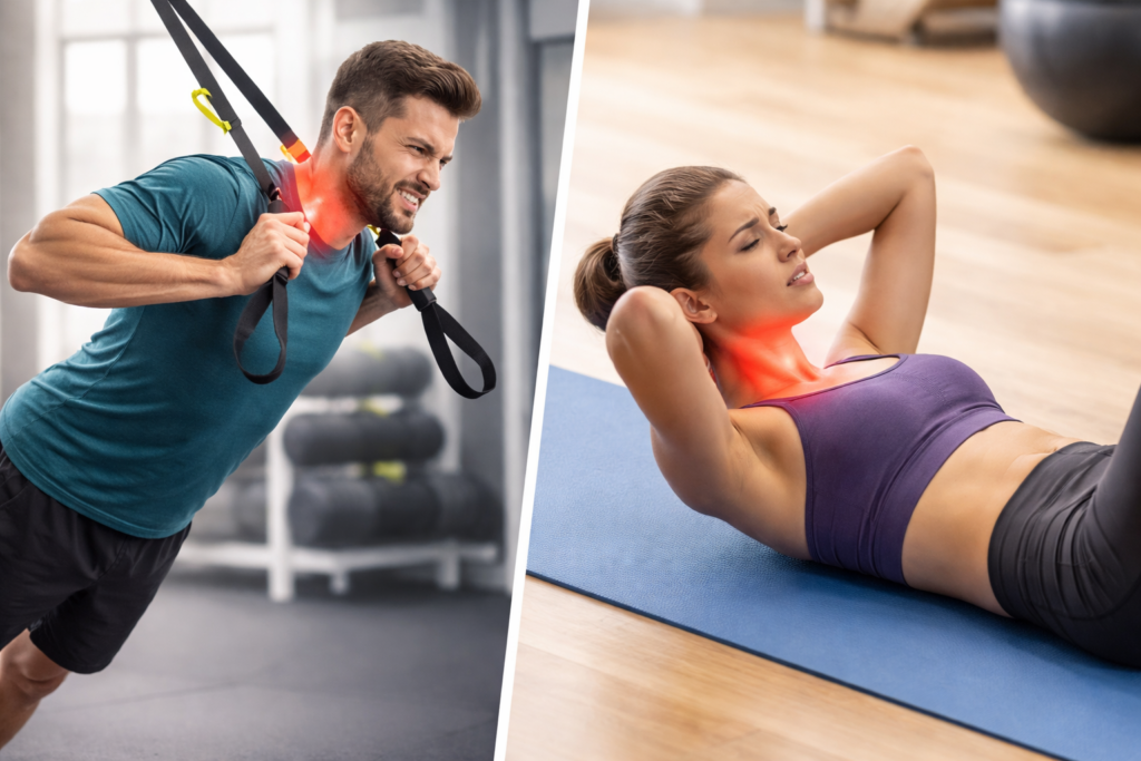 Dolor de cuello al entrenar en Alicante durante ejercicios en TRX y abdominales por compensación cervical.