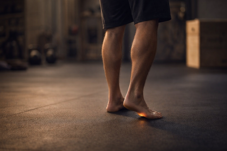 Pisada descalza en sala de entrenamiento mostrando apoyo asimétrico del pie y carga corporal