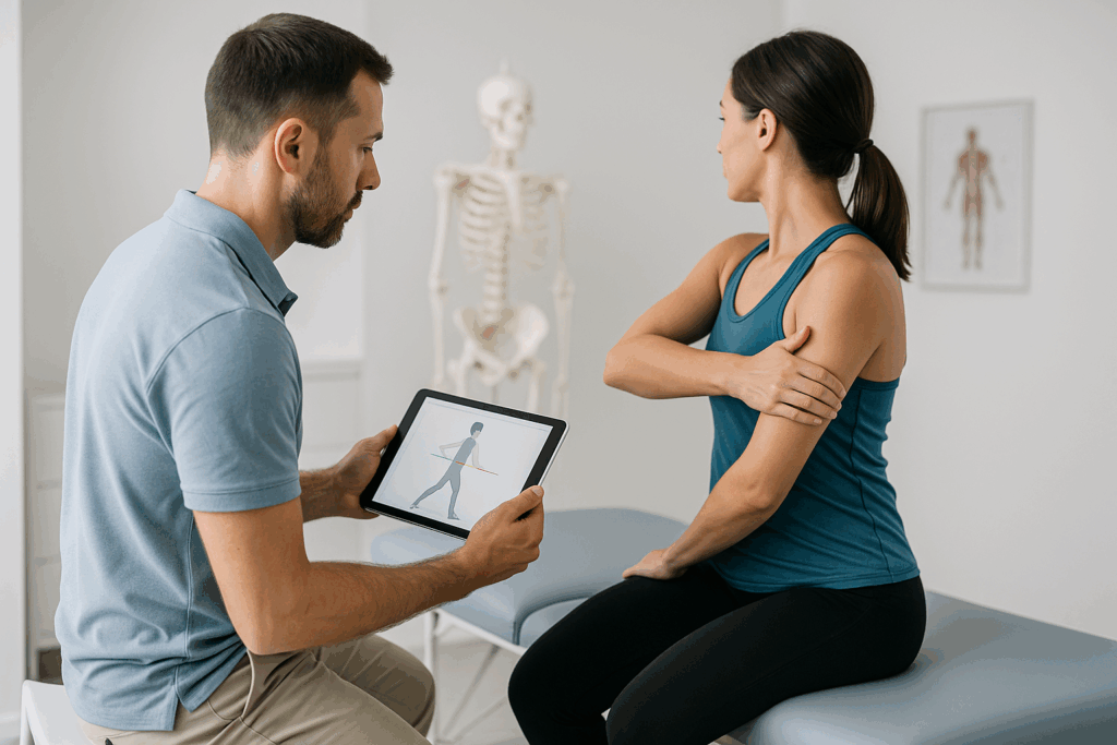 Entrenador realizando valoración postural inicial en camilla, análisis de movilidad y postura en Equilibrio Club Alicante