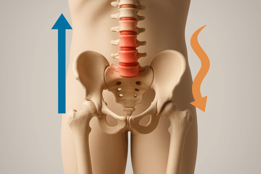 Ilustración médica 3D horizontal que muestra dos columnas laterales: una flecha vertical estable y otra flecha ondulada que representa un pilar colapsado, junto a una columna vertebral central en rojo indicando irritación lumbar.