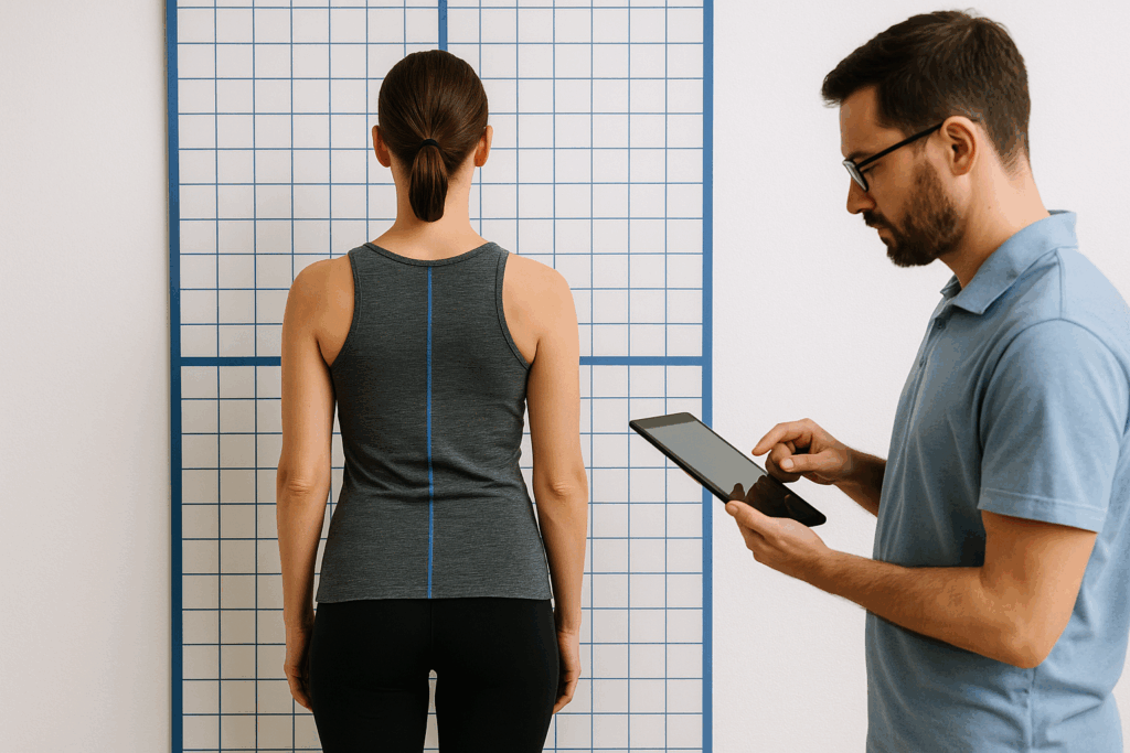 Profesional realizando un análisis postural con fondo cuadriculado tipo PosturePro en Equilibrio Club Alicante.
