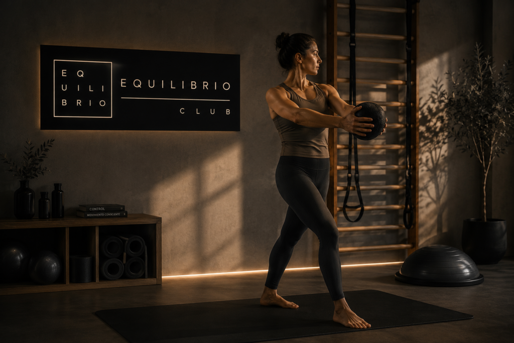 Mujer realizando entrenamiento respetuoso en estudio de pilates con ambiente cinematográfico en Equilibrio Club