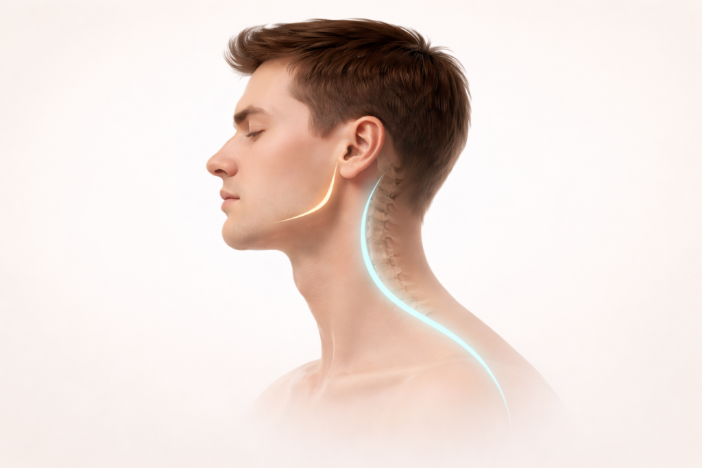Relación entre mandíbula y cuello en dolor cervical en Alicante. Ilustración en perfil con conexión sutil entre ATM y zona cervical alta.