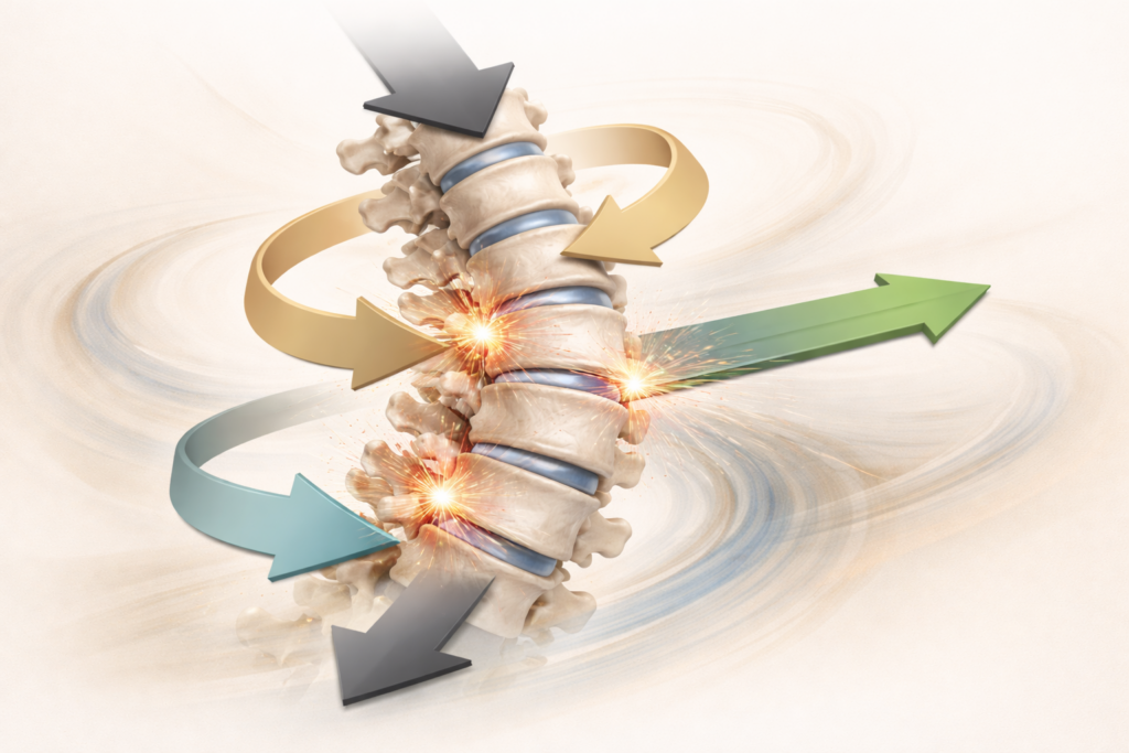 Fuerzas y fricción en la columna lumbar con compresión, torsión e inclinación lateral