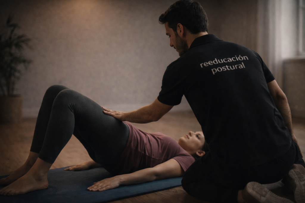 reeducación postural guiando ejercicio activo de glúteo con control del movimiento