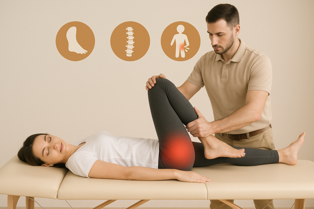 Evaluación de ciática en Alicante con análisis postural y valoración de cadera en camilla — Equilibrio Club.