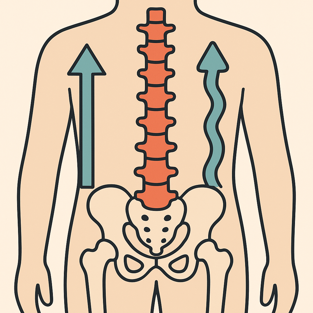 Ilustración minimalista que muestra dos columnas laterales con flechas ascendentes—una recta y otra combada—y una columna vertebral central en rojo, representando la pérdida de verticalidad y el origen postural del dolor lumbar y la ciática.