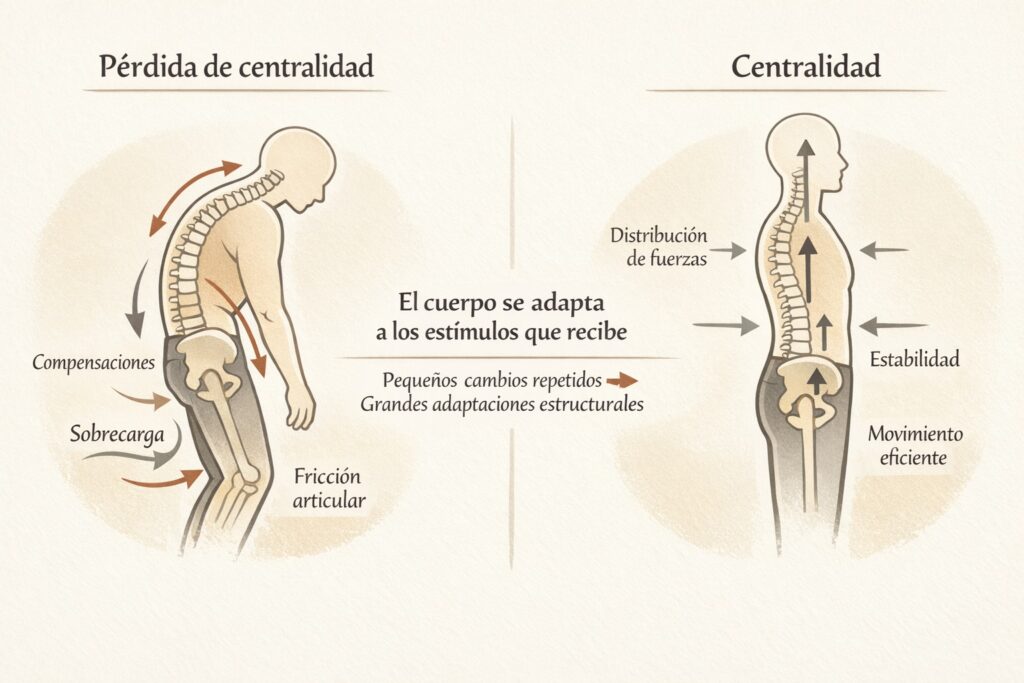 Diagrama explicativo de la pérdida de centralidad corporal frente a la centralidad, mostrando cómo la organización de la columna, pelvis y tórax influye en la distribución de fuerzas y en la eficiencia del movimiento.