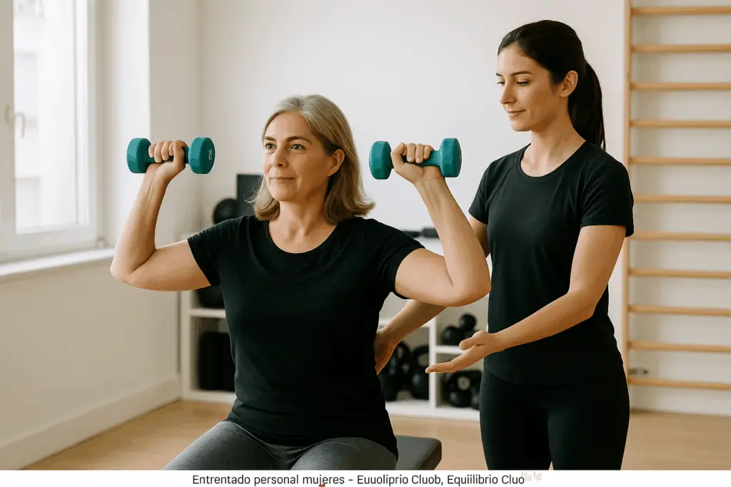 Entrenadora personal guiando a una mujer durante un ejercicio de fuerza con mancuernas en Equilibrio Club, Alicante.