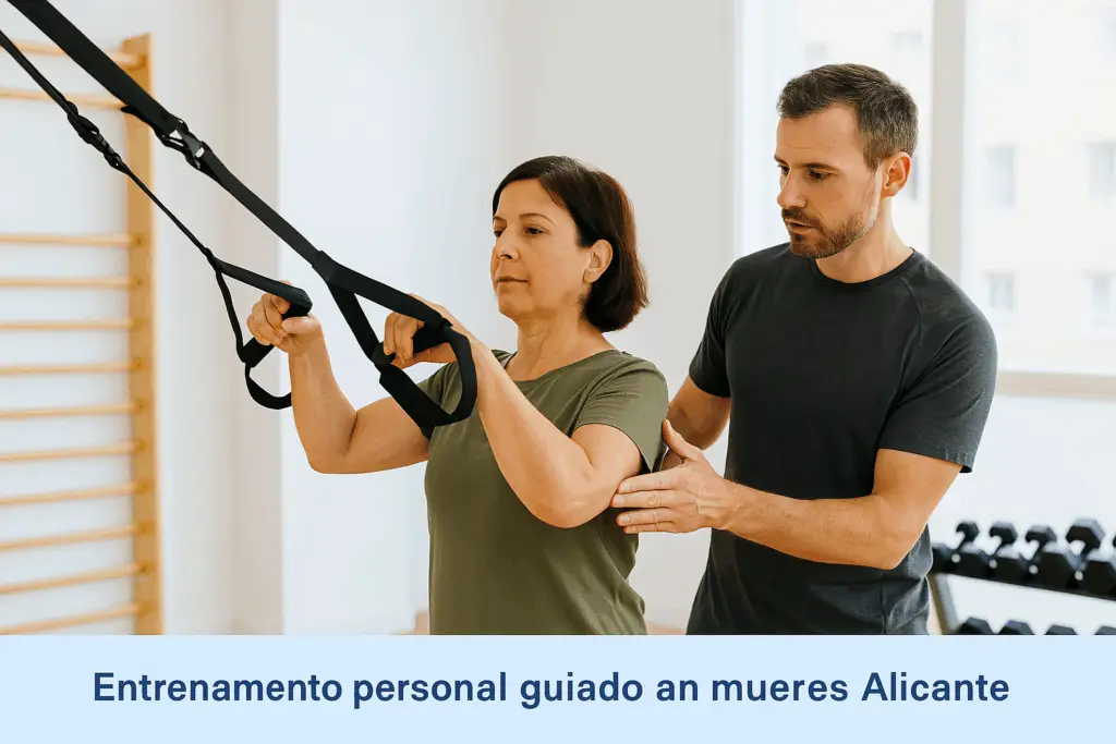 Entrenadora personal guiando a una mujer durante un ejercicio de TRX en Equilibrio Club, Alicante.