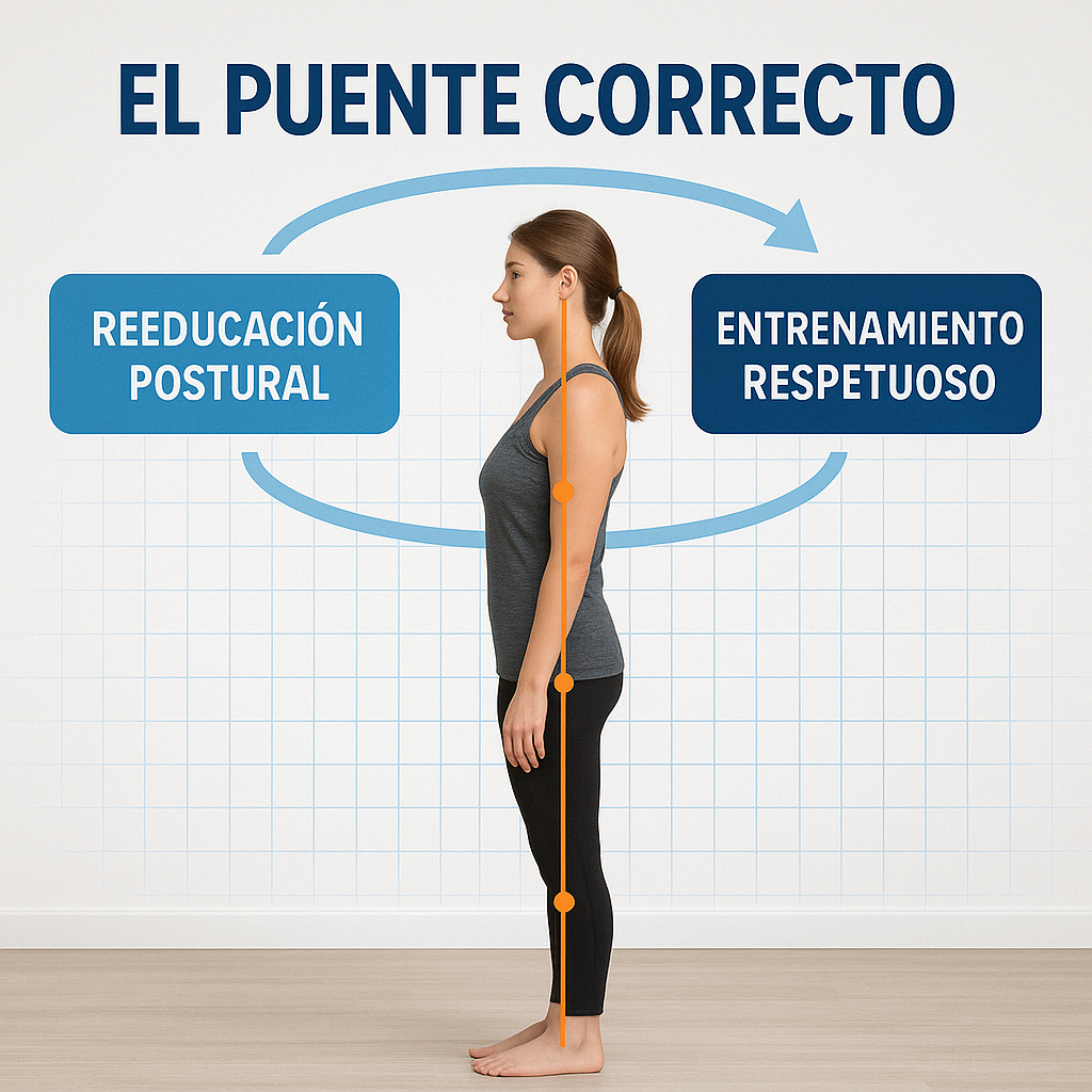 Infografía que muestra el puente entre reeducación postural, movimiento sensacional y entrenamiento respetuoso, representando cómo evoluciona el cuerpo desde la posturalidad hacia un entrenamiento seguro y sin impacto en Alicante.
