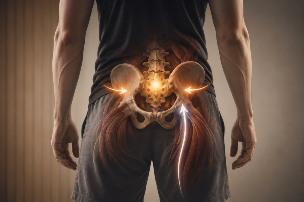 Pelvis y zona lumbar gestionando fuerzas en un cuerpo con frontalidad y síntomas tipo ciática