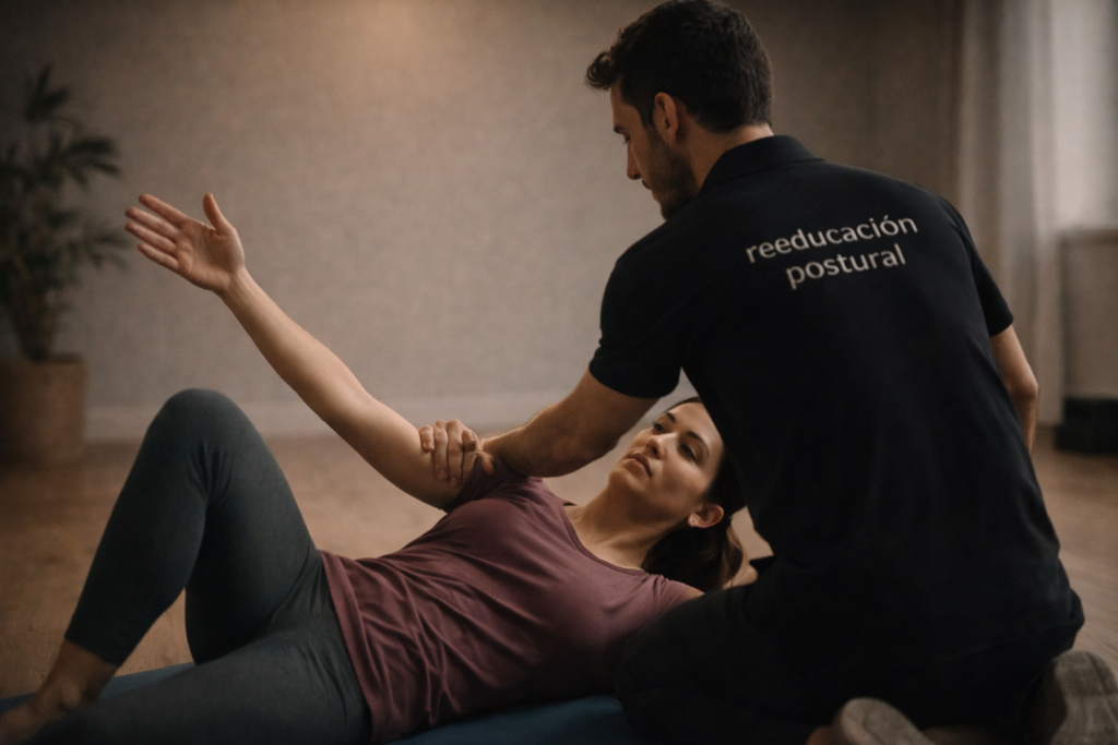 Entrenador guiando ejercicio de reeducación postural con activación muscular consciente
