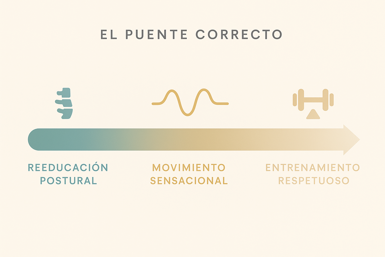 Infografía del método de Equilibrio Club mostrando el continuo entre reeducación postural, movimiento sensacional y entrenamiento respetuoso en Alicante