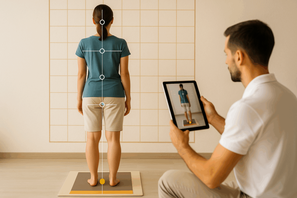 Análisis clínico de postura corporal en plataforma de pisada con líneas de alineación y fondo de cuadrícula