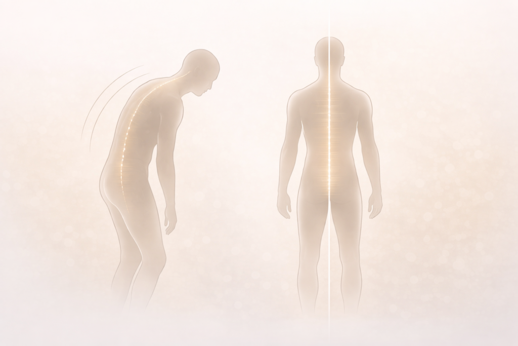 Ilustración comparativa de frontalidad y verticalidad de la columna vertebral en relación con el dolor lumbar en Alicante