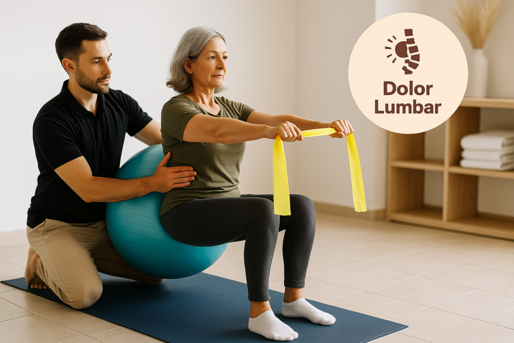 Entrenador guiando ejercicio suave con banda elástica y fitness ball para mejorar dolor lumbar, con icono de “Dolor Lumbar” en un círculo — Equilibrio Club Alicante