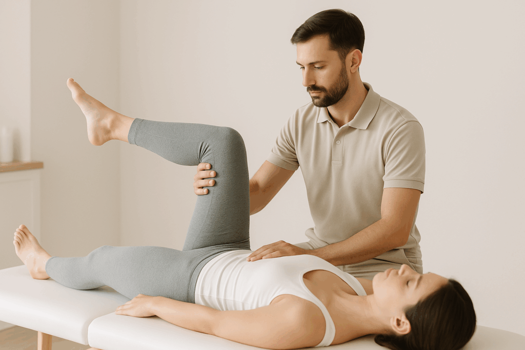 Reeducador postural valorando la movilidad de la columna lumbar de una paciente en camilla durante una sesión en Equilibrio Club Alicante.