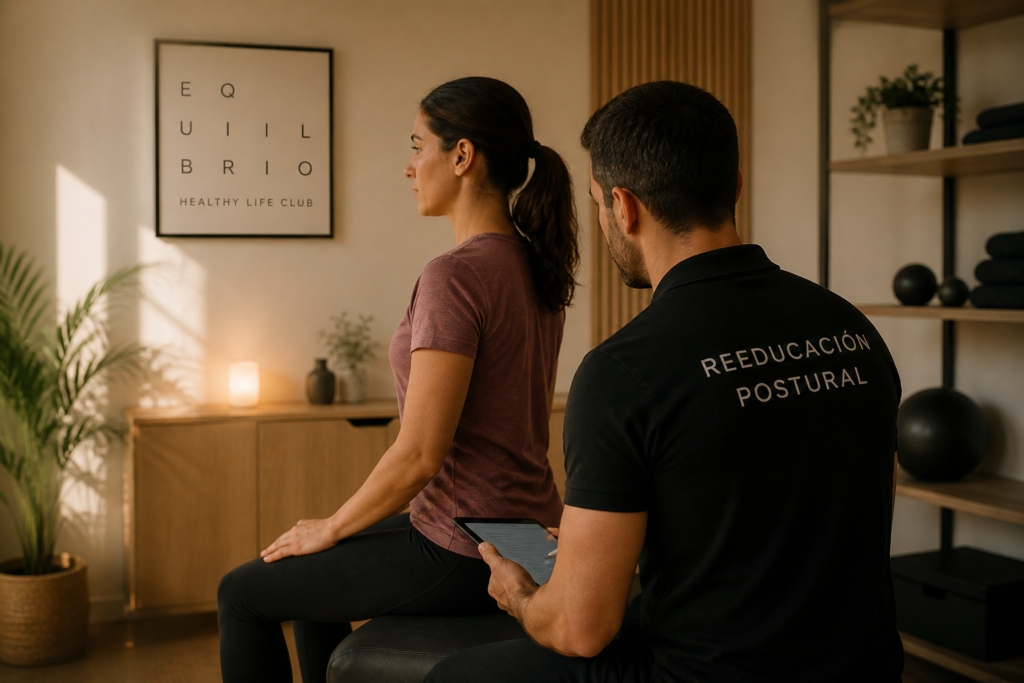 Entrenador analizando la postura de una mujer en Equilibrio Club durante una sesión de reeducación postural en Alicante