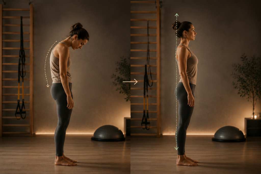 Comparativa visual de una mujer en un estudio de entrenamiento respetuoso mostrando pérdida de centralidad y reorganización corporal en un ambiente cinematográfico y cálido.